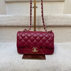 CHANEL Like New Classic Flap Mini Rectangle in Burgundy and Gold